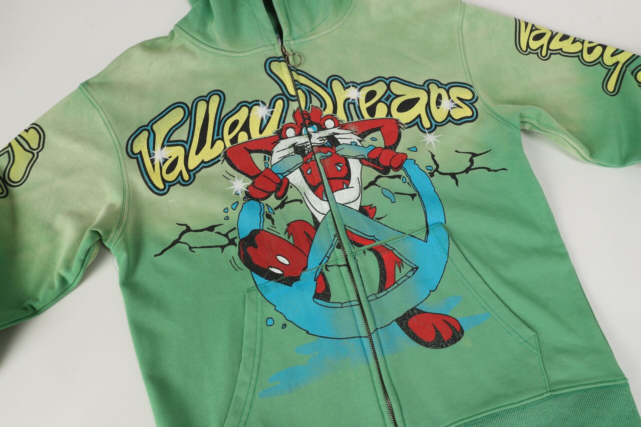 Green Valley Dreads Cartoon Peace‑Sign Graphic Zip‑Up Hoodie Unisex Oversized Jacket