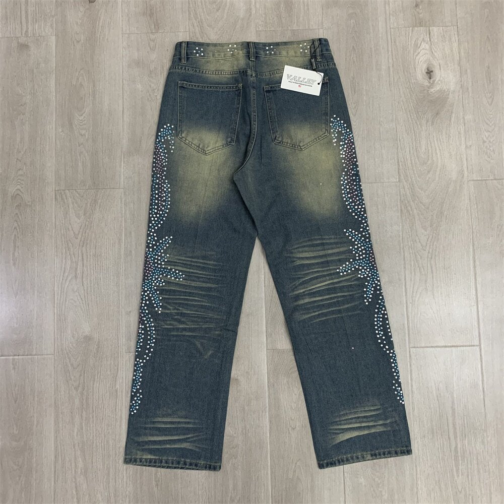 Gradient Rhinestone Star Washed‑Blue Straight‑Leg Jeans, Y2K Hip‑Hop Unisex Denim Pants