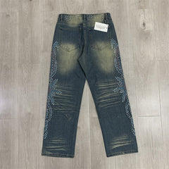 Gradient Rhinestone Star Washed‑Blue Straight‑Leg Jeans, Y2K Hip‑Hop Unisex Denim Pants