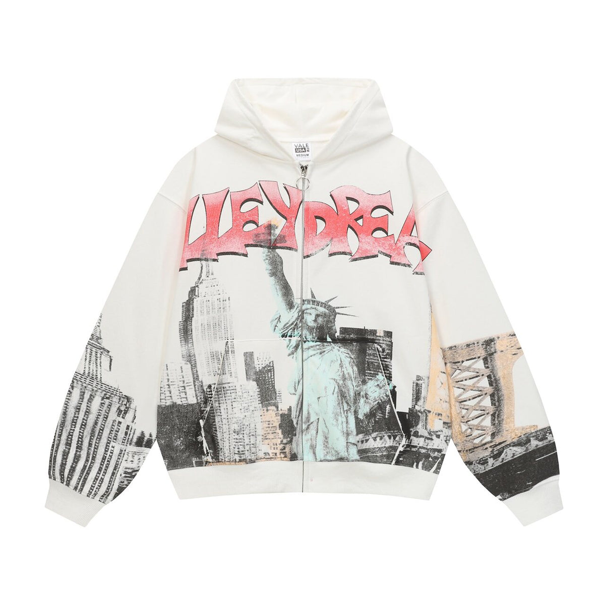 Vale Dream Statue of Liberty New York City Graphic Zip‑Up Hoodie, White Oversized Y2K Streetwear Unisex Jacket