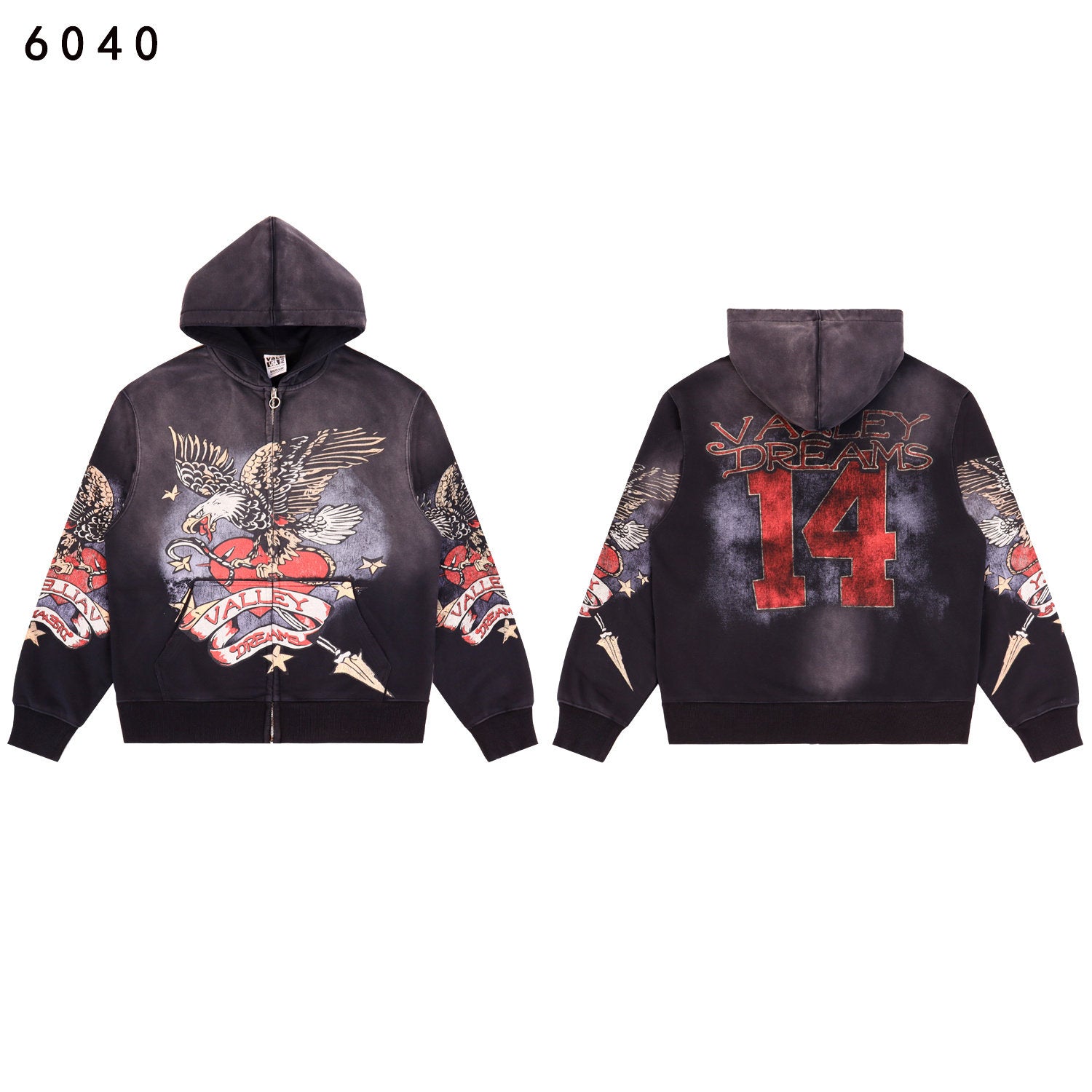 Valley Dreams Eagle‑Heart 14 Double‑Sided Print Zip‑Up Hoodie, Washed‑Black Vintage Oversized Streetwear Unisex Jacket