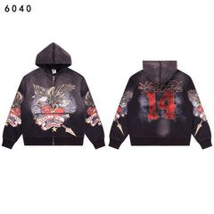 Valley Dreams Eagle‑Heart 14 Double‑Sided Print Zip‑Up Hoodie, Washed‑Black Vintage Oversized Streetwear Unisex Jacket