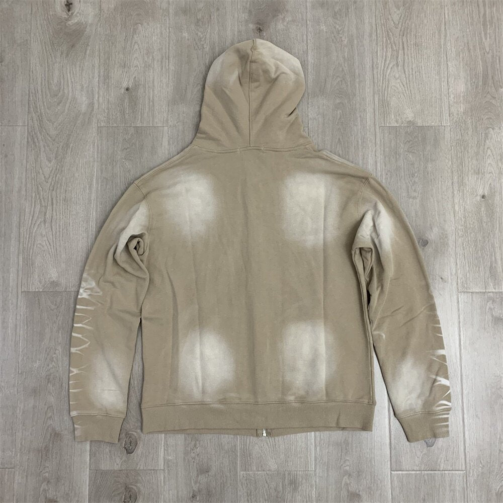 Khaki Gradient Embroidery Lightning‑Sleeve Zip‑Up Hoodie Unisex Oversized Jacket