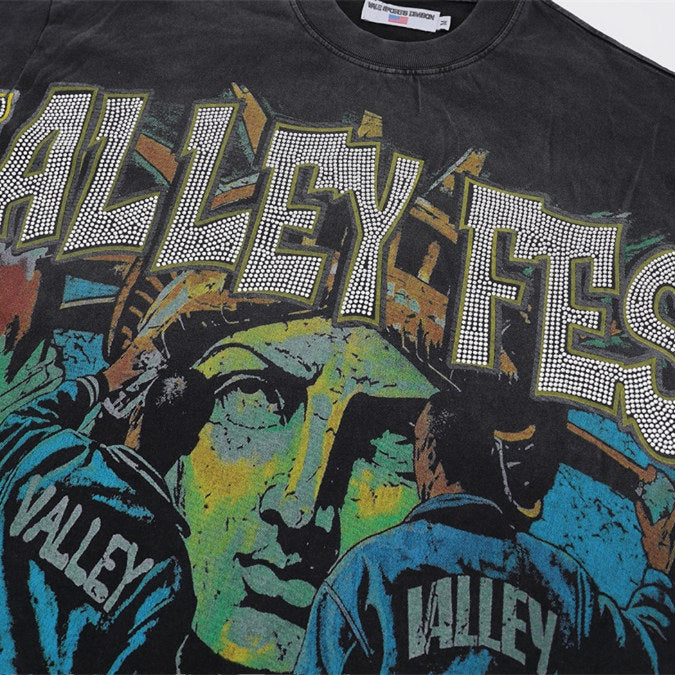 Black Vintage‑Wash Valley Fest Sculpture Graphic Oversized Unisex T‑Shirt