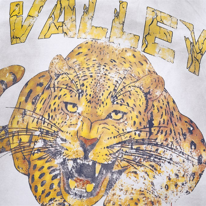 White Vintage‑Wash Leopard Graphic "Valley" Oversized Unisex T‑Shirt