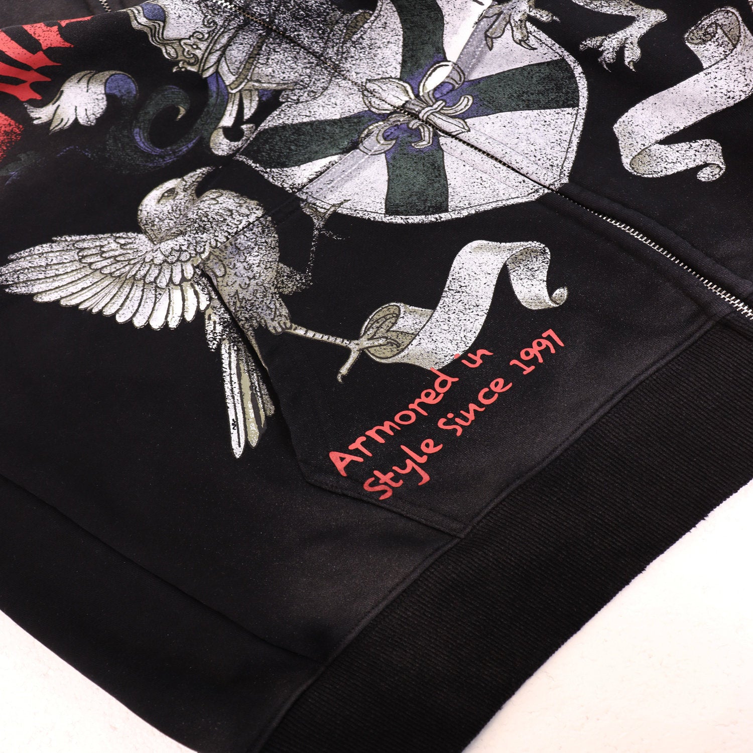 Valley Dreams Heraldic Crest Eagle‑Dragon Zip‑Up Hoodie, Black Vintage Oversized Streetwear Unisex Jacket