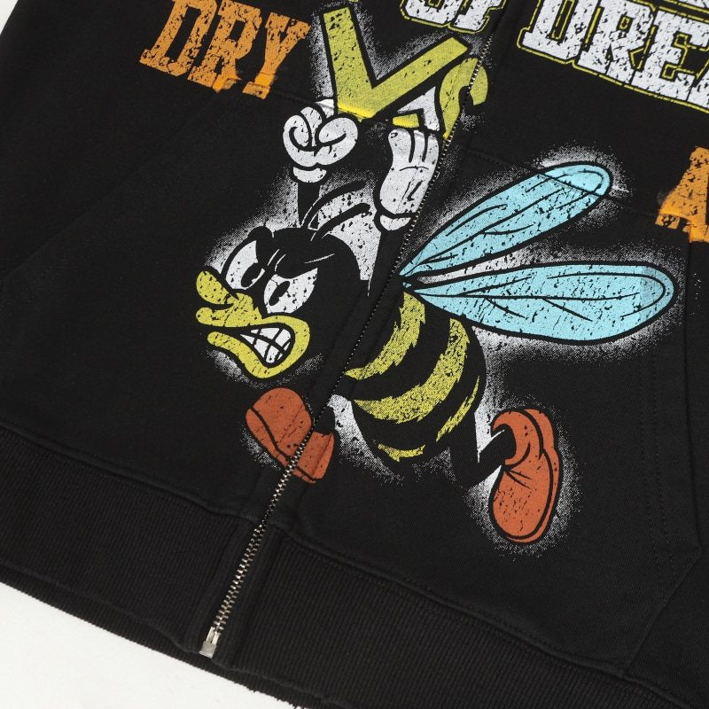 Valley Army Of Dreams Angry Bee Graphic Zip‑Up Hoodie, Black Vintage Patch‑Print Oversized Streetwear Unisex Jacket