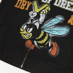 Valley Army Of Dreams Angry Bee Graphic Zip‑Up Hoodie, Black Vintage Patch‑Print Oversized Streetwear Unisex Jacket
