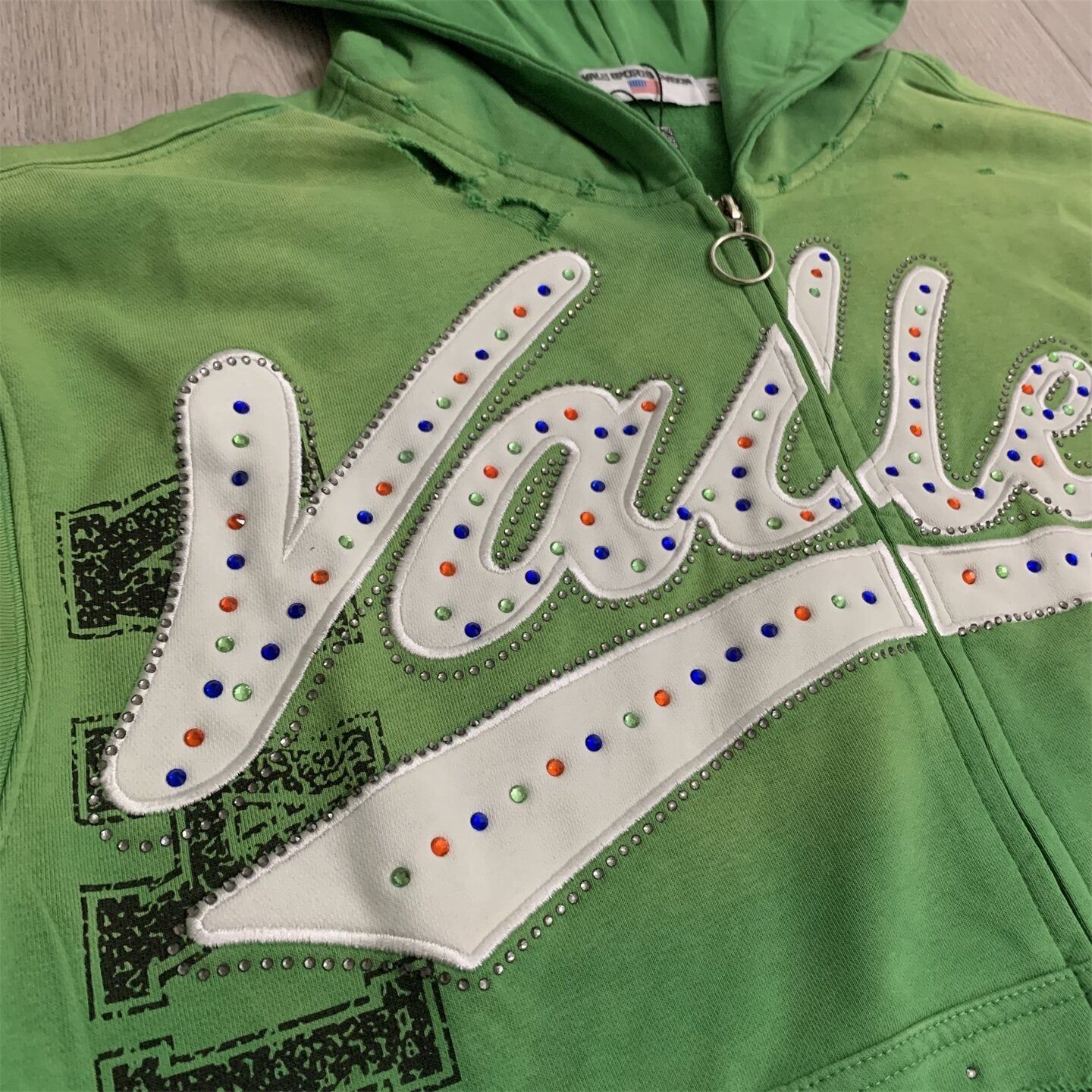 Valley Dreams Rhinestone Letter Zip‑Up Hoodie, Green Vintage Distressed Tribal‑Sleeve Oversized Streetwear Unisex Jacket