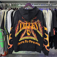 Valley Dreams Flame‑Sleeve Graphic Zip‑Up Hoodie, Black Vintage Washed Oversized Streetwear Unisex Jacket