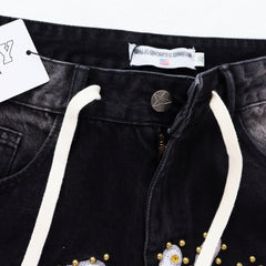 Valley Rhinestone Cursive‑Letter Baggy Jeans, Washed‑Black Distressed Unisex Streetwear Denim Pants