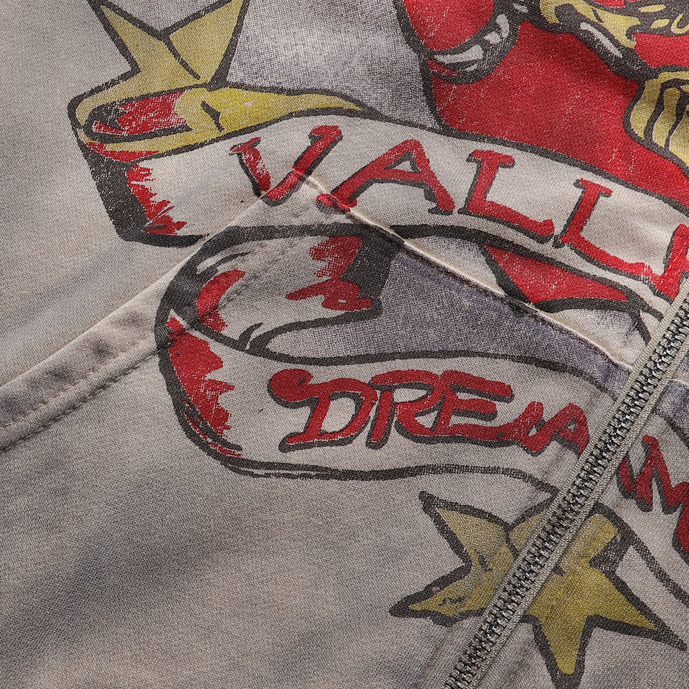 Valley Dreams Vintage Eagle Heart Tattoo‑Style Zip‑Up Hoodie, Washed Grey Oversized Streetwear Unisex Jacket