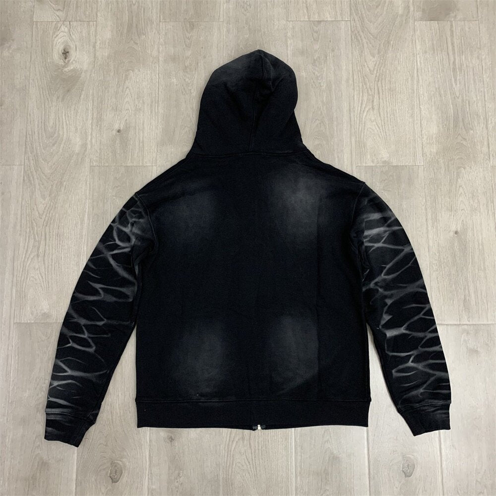 Black Lightning‑Print Zip‑Up Hoodie Unisex Oversized Jacket
