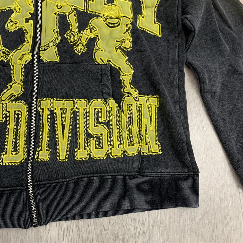 Black Washed Valley Sport Division Football Graphic Zip‑Up Hoodie Unisex Oversized Jacket