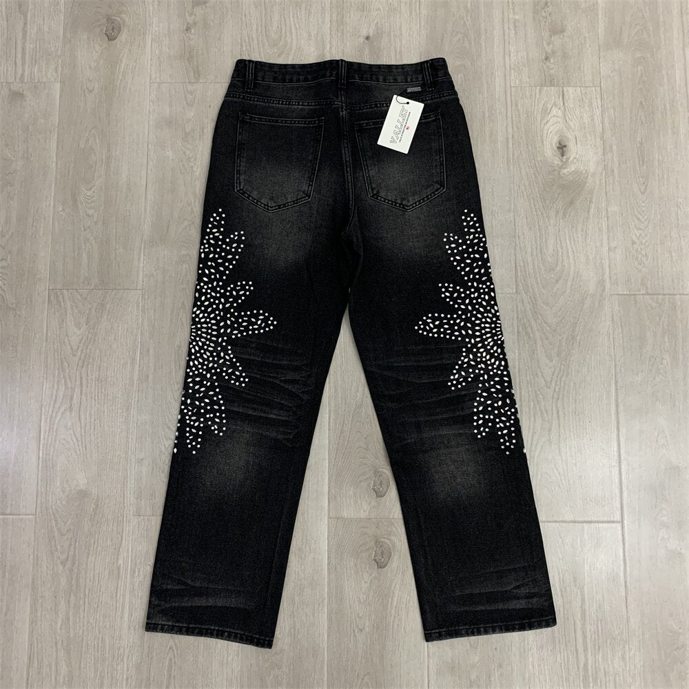 White Dots Print Distressed Washed‑Black Straight‑Leg Jeans, Y2K Streetwear Unisex Denim Pants