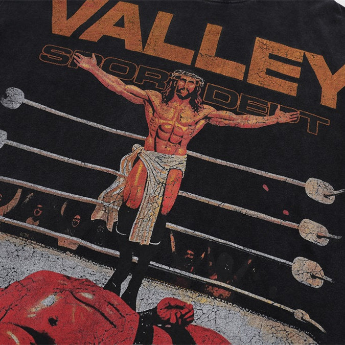 Black Vintage‑Wash Wrestler "Valley" Graphic Oversized Unisex T‑Shirt