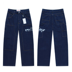 Valley Letter‑Embroidered Carpenter Baggy Jeans, Dark‑Blue Raw‑Wash Unisex Wide‑Leg Denim Pants