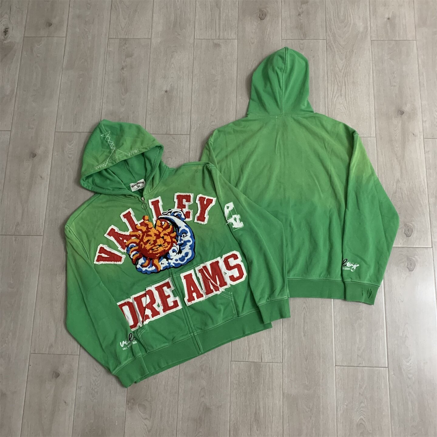 Green Sun‑Graphic Valley Dreams Zip‑Up Hoodie Unisex Oversized Jacket