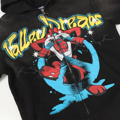 Valley Dreams Cartoon Cat Peace‑Sign Graphic Zip‑Up Hoodie, Black Vintage Oversized Streetwear Unisex Jacket