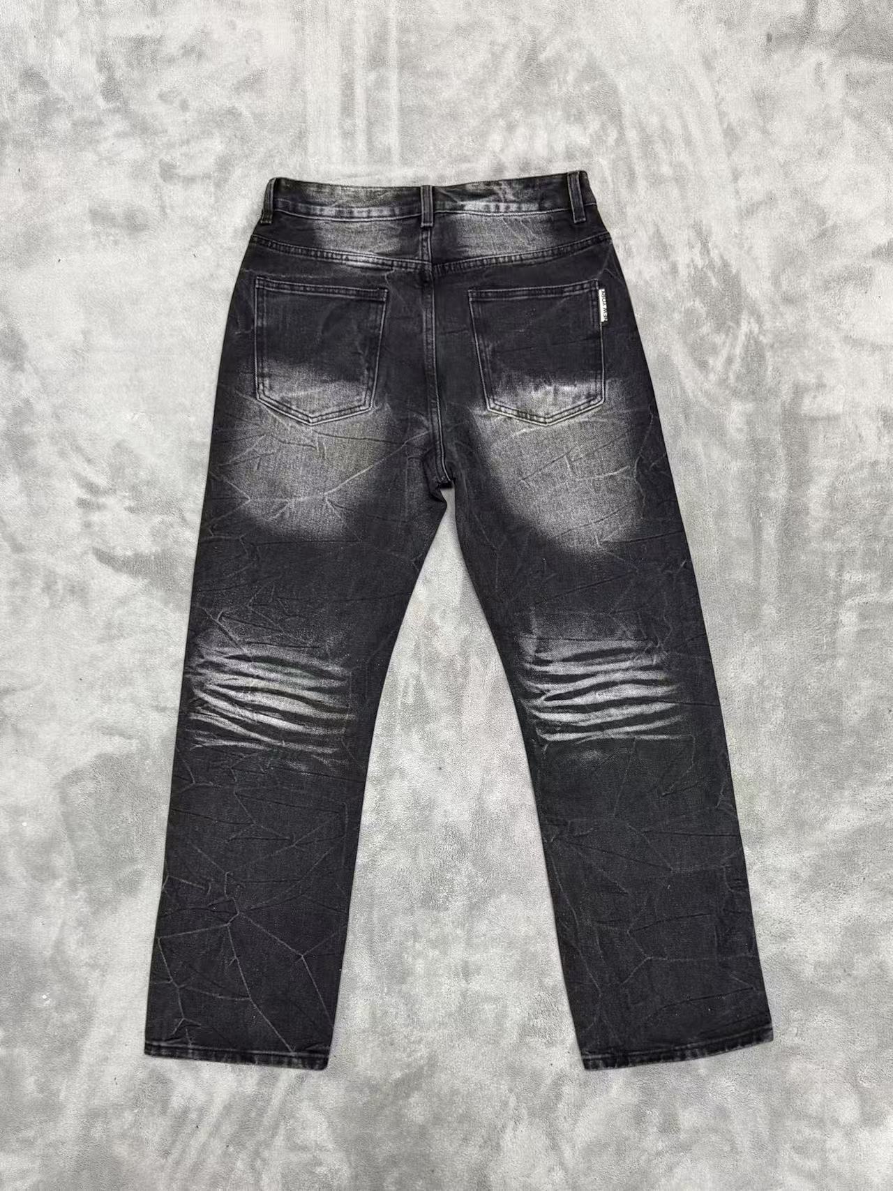 Zebra‑Striped Rhinestone Embellished Baggy Denim Pants, Vintage Washed‑Black Unisex Streetwear Jeans