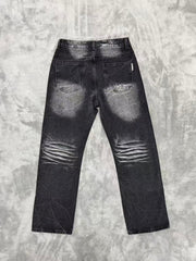 Zebra‑Striped Rhinestone Embellished Baggy Denim Pants, Vintage Washed‑Black Unisex Streetwear Jeans