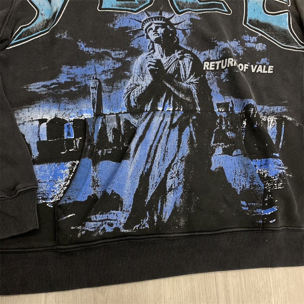 Black Washed‑out Valley Dreams Statue Of Liberty Graphic Zip‑Up Hoodie Unisex Oversized Jacket