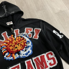 Black Sun‑Graphic Valley Dreams Zip‑Up Hoodie Unisex Oversized Jacket