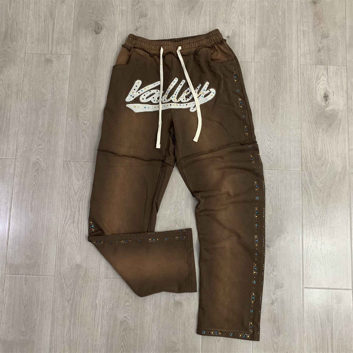 Valley Dreams Rhinestone Letter Flare Sweatpants, Vintage Brown Washed Streetwear Unisex Trousers