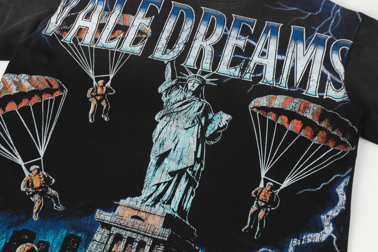 Black Vintage‑Wash Vale Dreams Statue of Liberty Graphic Oversized Unisex T‑Shirt