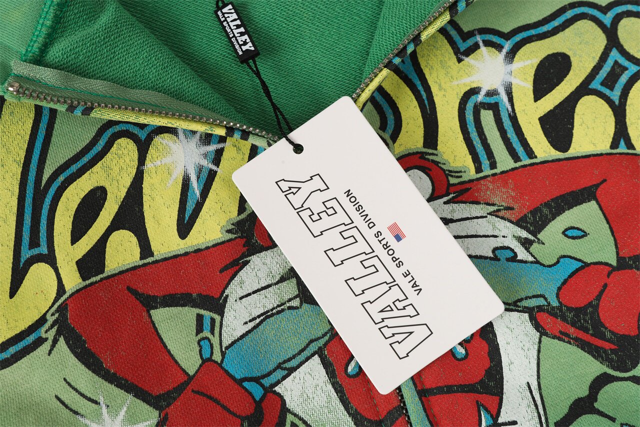 Green Valley Dreads Cartoon Peace‑Sign Graphic Zip‑Up Hoodie Unisex Oversized Jacket