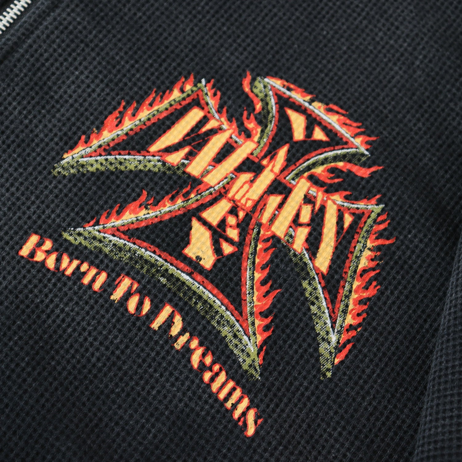 Valley Dreams Waffle‑Knit Flame‑Sleeve Zip‑Up Hoodie, Black Vintage Washed Oversized Streetwear Unisex Jacket