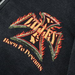 Valley Dreams Waffle‑Knit Flame‑Sleeve Zip‑Up Hoodie, Black Vintage Washed Oversized Streetwear Unisex Jacket