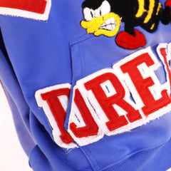 Valley Dreams Cartoon Bee Chenille Patch Pullover Hoodie, Blue Vintage Distressed Striped‑Sleeve Streetwear Unisex Sweatshirt