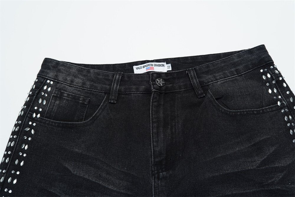 White Dots Print Distressed Washed‑Black Straight‑Leg Jeans, Y2K Streetwear Unisex Denim Pants