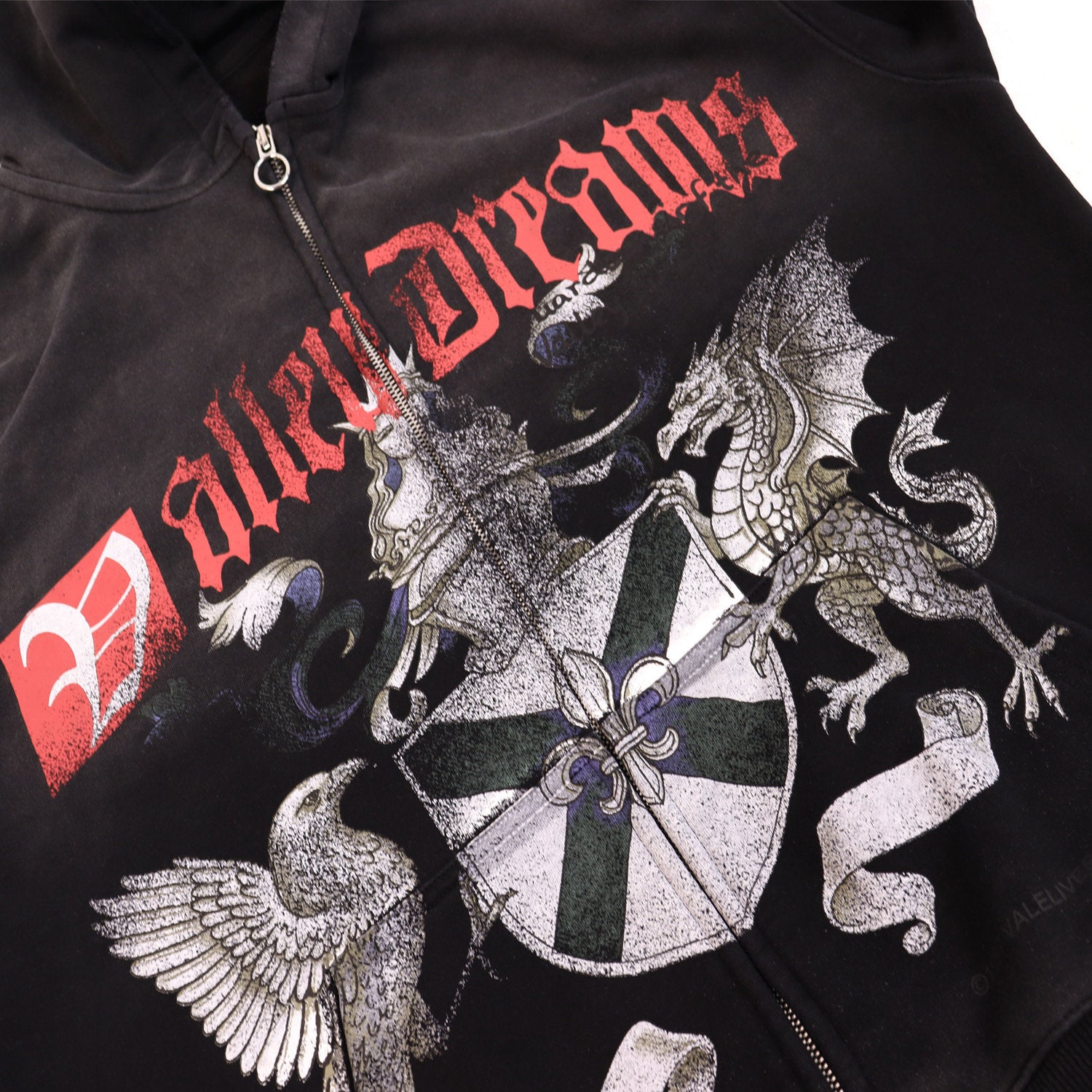 Valley Dreams Heraldic Crest Eagle‑Dragon Zip‑Up Hoodie, Black Vintage Oversized Streetwear Unisex Jacket