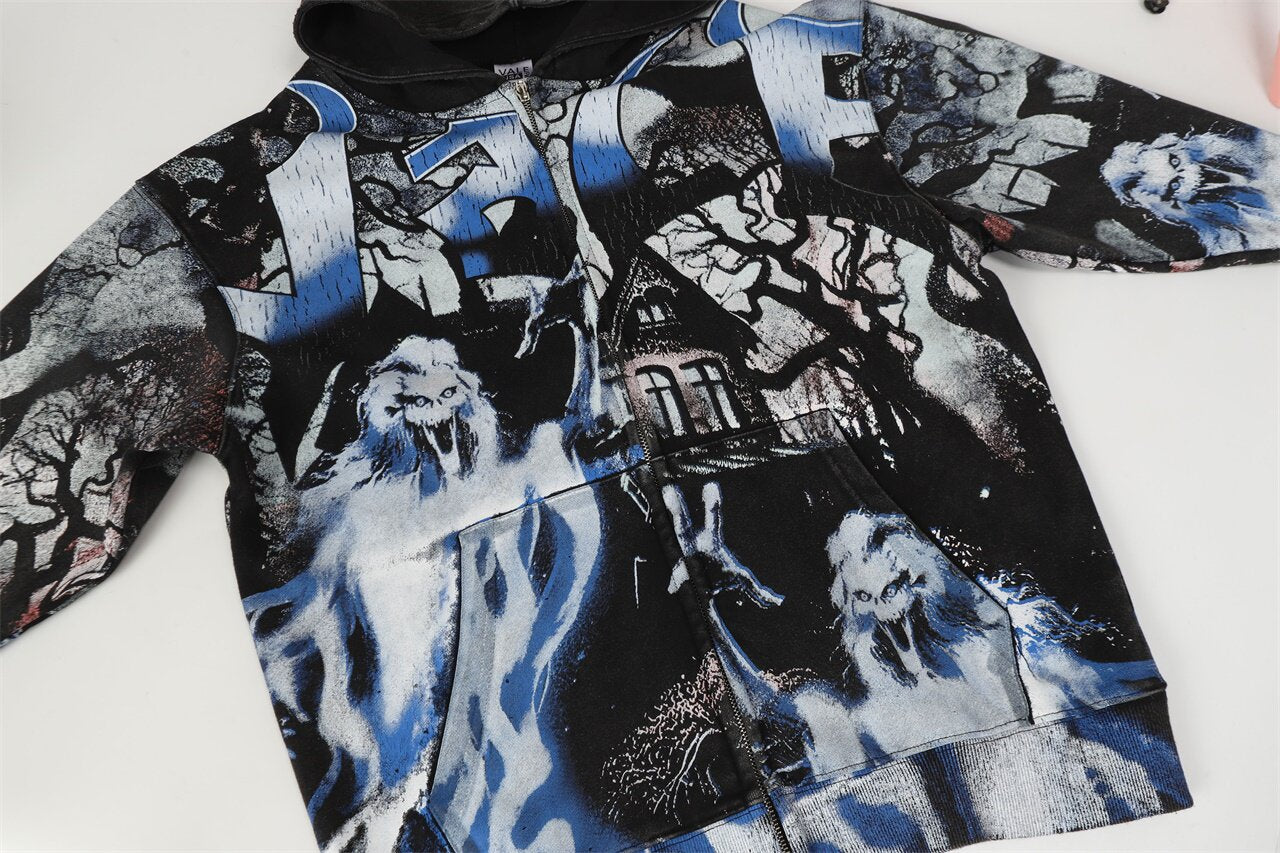 Ghost Haunted House All‑Over Print Zip‑Up Hoodie, Dark Gothic Horror Oversized Streetwear Unisex Jacket