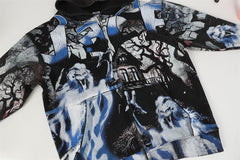 Ghost Haunted House All‑Over Print Zip‑Up Hoodie, Dark Gothic Horror Oversized Streetwear Unisex Jacket