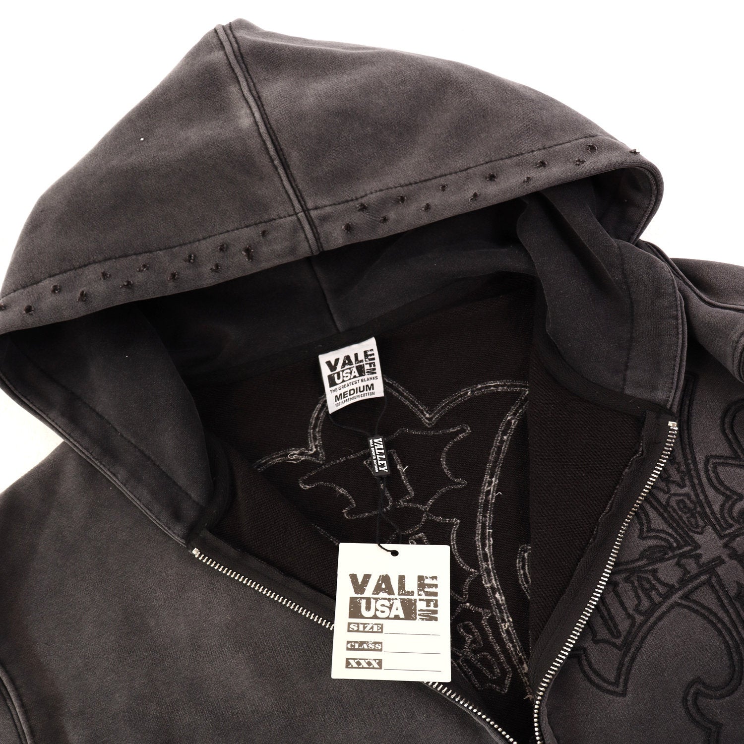 Valley Dreams Embossed Cross Zip‑Up Hoodie, Dark Grey Vintage Washed Distressed Streetwear Unisex Jacket