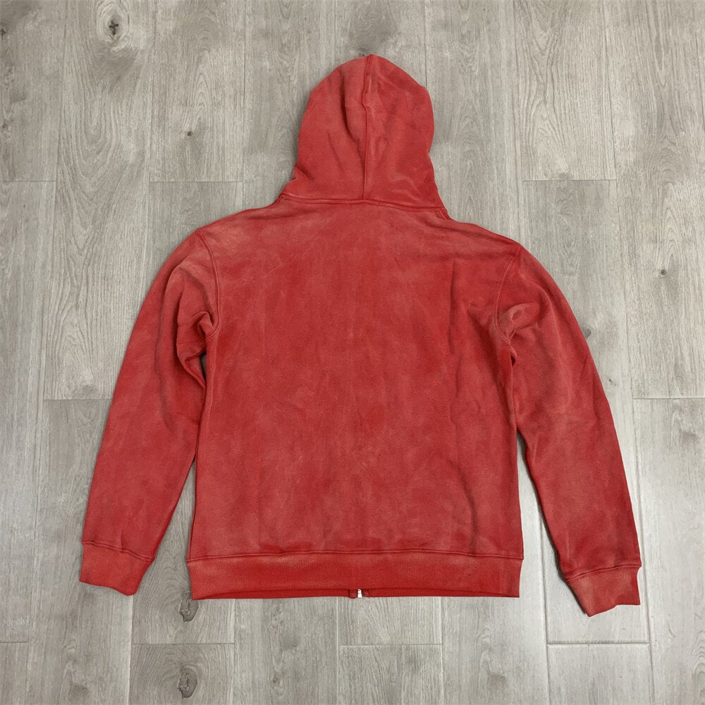 Red Vintage Embossed‑Print Zip‑Up Hoodie Unisex Oversized Jacket