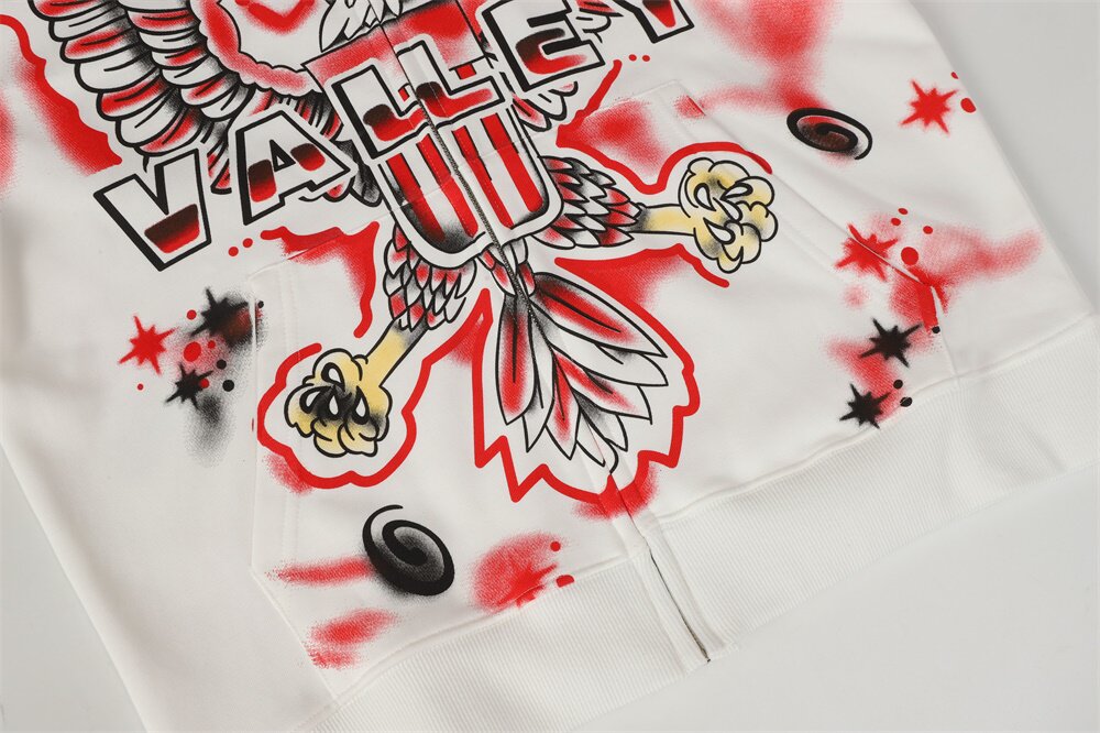 Vale Eagle Spray‑Paint Graphic Zip‑Up Hoodie, White Oversized Streetwear Hip‑Hop Tattoo Print Unisex Jacket
