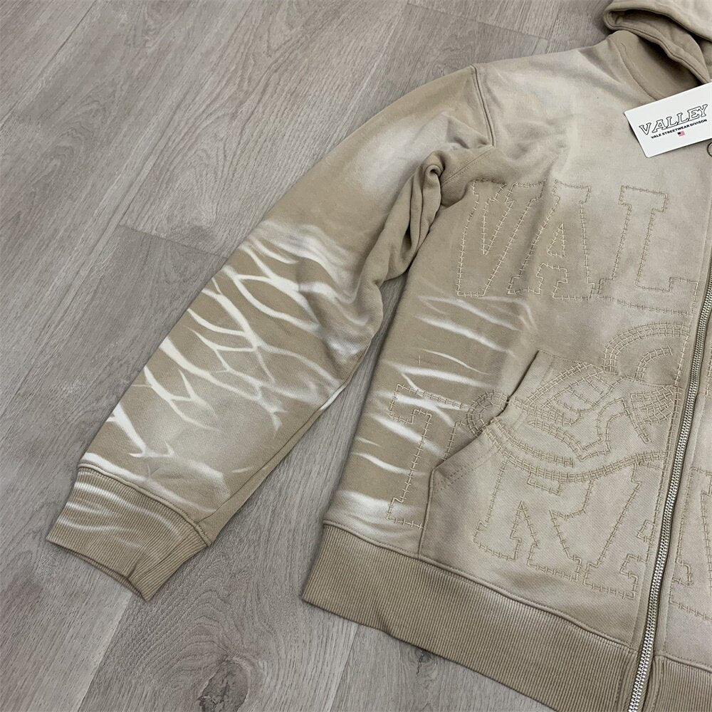 Khaki Gradient Embroidery Lightning‑Sleeve Zip‑Up Hoodie Unisex Oversized Jacket