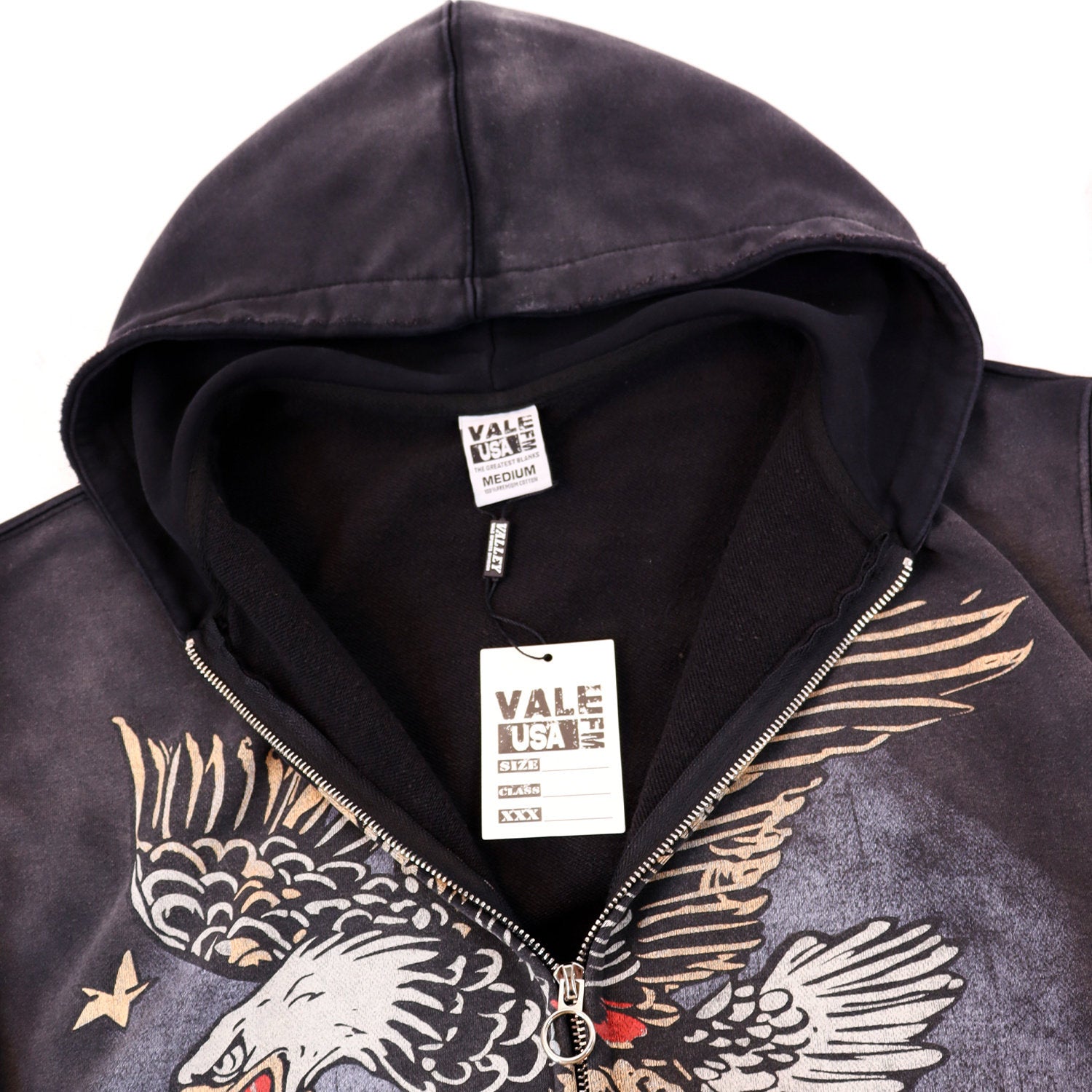Valley Dreams Eagle‑Heart 14 Double‑Sided Print Zip‑Up Hoodie, Washed‑Black Vintage Oversized Streetwear Unisex Jacket