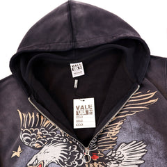 Valley Dreams Eagle‑Heart 14 Double‑Sided Print Zip‑Up Hoodie, Washed‑Black Vintage Oversized Streetwear Unisex Jacket