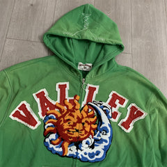 Green Sun‑Graphic Valley Dreams Zip‑Up Hoodie Unisex Oversized Jacket