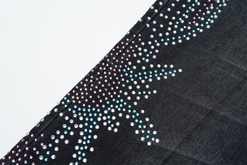 Gradient Rhinestone Star Washed‑Black Straight‑Leg Jeans, Y2K Hip‑Hop Unisex Denim Pants