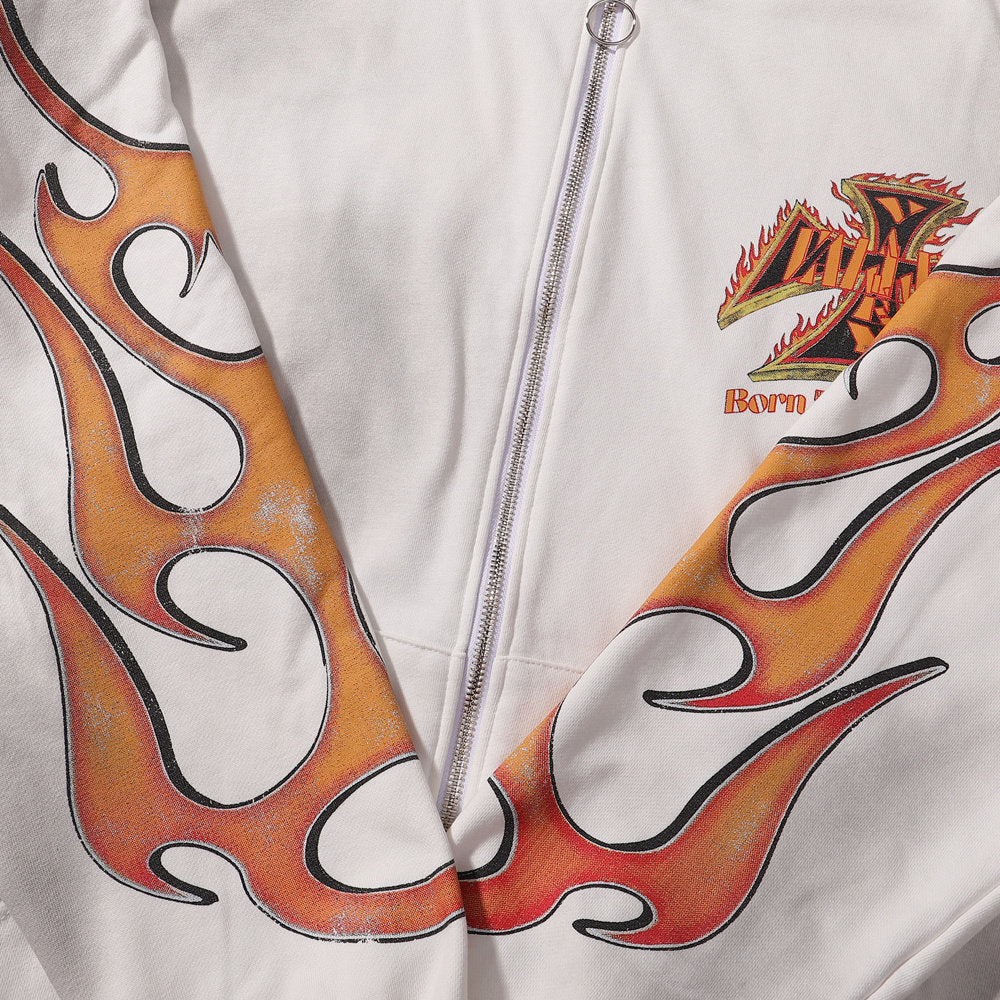 Valley Dreams Flame‑Sleeve Graphic Zip‑Up Hoodie, White Vintage Washed Oversized Streetwear Unisex Jacket