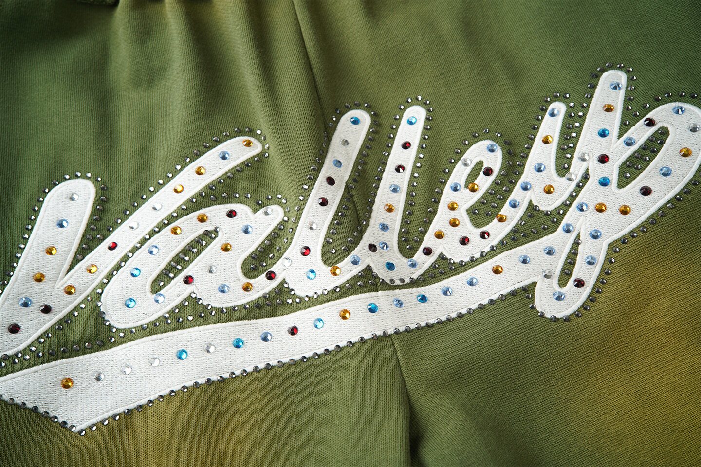 Valley Dreams Rhinestone Letter Wide‑Leg Sweatpants, Vintage Green Washed Streetwear Unisex Trousers