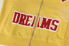 Valley Dreams Chenille Letter Zip‑Up Track Jacket, Yellow Green Stripe Oversized Streetwear Unisex Coat