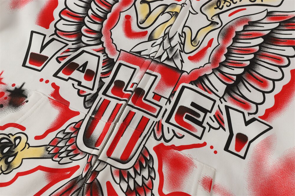 Vale Eagle Spray‑Paint Graphic Zip‑Up Hoodie, White Oversized Streetwear Hip‑Hop Tattoo Print Unisex Jacket
