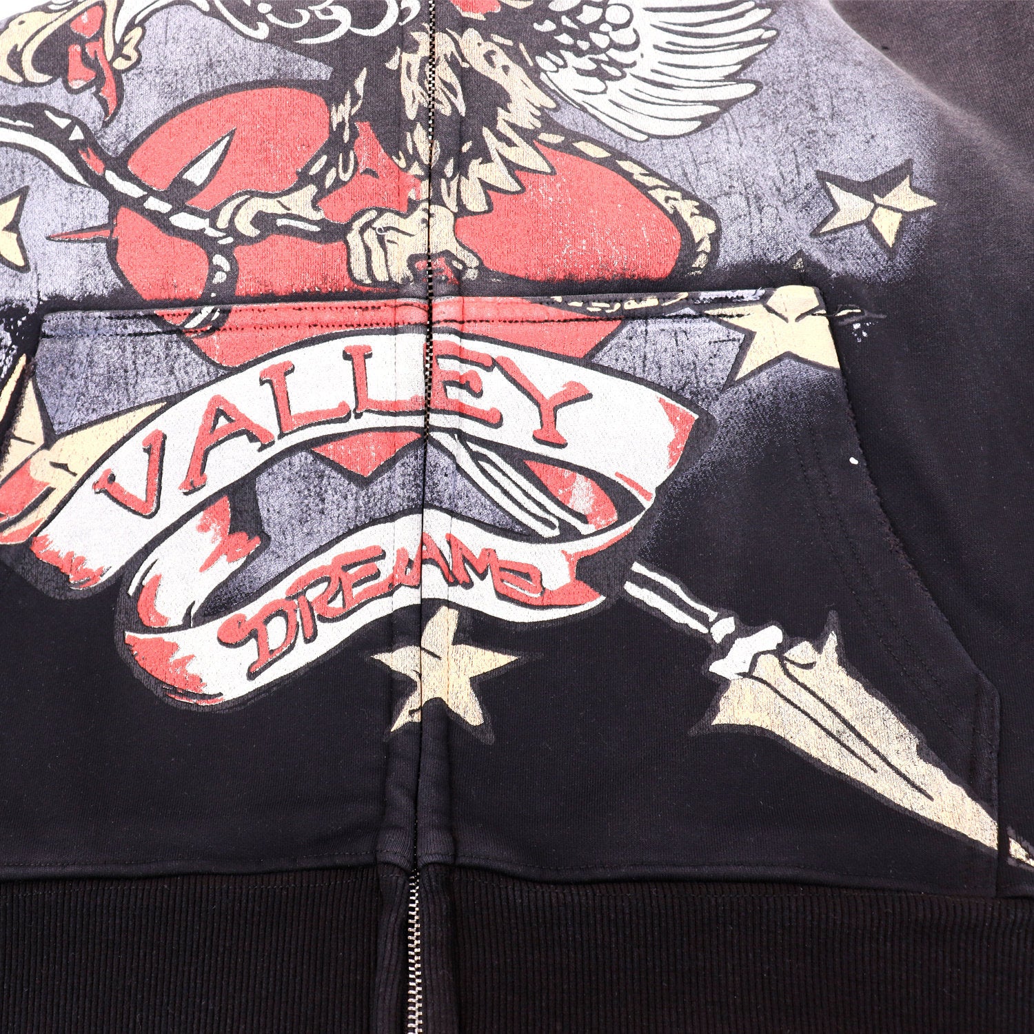 Valley Dreams Eagle‑Heart 14 Double‑Sided Print Zip‑Up Hoodie, Washed‑Black Vintage Oversized Streetwear Unisex Jacket